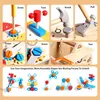 A collage of images showing a wooden toy toolbox and its components being assembled and used. Produktbild-Vorschau
