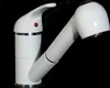 A white kitchen faucet with a pull-out spray head, set against a black background. Produktbild-Vorschau