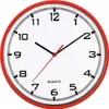 A close-up view of a red-framed analog wall clock with a white face and black numbers and hands. Voir les images du produit
