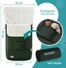 A product image showing a dark green footmuff with white fluffy lining, along with dimensions and a close-up of a pocket with teddy bears. A rolled-up bag is also shown. Anteprima dell’immagine prodotto