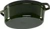 A dark green oval cast iron pot is shown from a low angle, with the lid on and handles visible. Náhled obrázku produktu