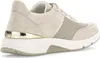A side view of a beige sneaker with a white sole and gold accents. Anteprima dell’immagine prodotto