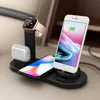 A black charging station holding an iPhone, Apple Watch, and AirPods, placed on a textured surface. Produktbild-Vorschau