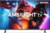 A Philips Ambilight QD MiniLED TV displaying a dynamic image of two motorcyclists. Voir les images du produit