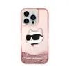 A pink iPhone 14 Pro Max case with a glitter-filled liquid compartment and a Choupette cat graphic. Produktbild-Vorschau