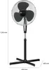 A black and silver standing fan with a white background and dimension lines. Náhled obrázku produktu