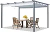 A pergola with a retractable canopy, set up with a table and chairs. Voir les images du produit