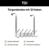 A silver over-the-door hook organizer with 12 hooks is displayed against a white background. The brand name 'TOJ LIVING' is prominently featured at the top. Produktbild-Vorschau