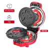 A red mini waffle maker with its lid open, showing the heating elements and the gingerbread man mold. Various specifications are displayed with text overlays. Produktbild-Vorschau
