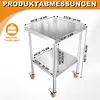 A stainless steel work table with two shelves and wheels, with dimensions and load capacity indicated by text overlays. Produktbild-Vorschau