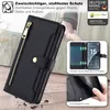 A black leather phone case with a zipper and card slots is shown, with a phone inside a smaller inset image. Text overlays describe features and branding. Produktbild-Vorschau