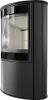 A black modern wood-burning stove with a curved glass door. Produktbild-Vorschau