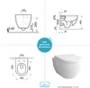 A collage of technical drawings and a photograph of a wall-hung toilet, with dimensions and connection details. Produktbild-Vorschau