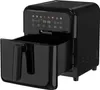 A black air fryer with its basket pulled out, displayed against a white background. Produktbild-Vorschau