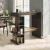 A modern bar table with shelves in a dining area. Voir les images du produit