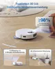 A white robot vacuum cleaner is shown on a wooden floor, with graphics and text highlighting its features. Produktbild-Vorschau