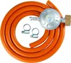 A coiled orange gas hose with a silver pressure regulator and two hose clamps, laid out on a white background. Náhled obrázku produktu