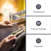 A split image showing a close-up of hands holding clothing on hangers on the left, and three icons with text descriptions on the right. Produktbild-Vorschau