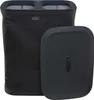 A black laundry basket with a lid next to it, on a white background.