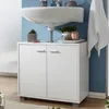 A white bathroom vanity cabinet with a sink mounted above it, against a blue wall. Náhľad obrázku produktu