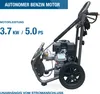 A pressure washer with a gasoline engine is shown from the side, with text overlay highlighting its features. Produktbild-Vorschau