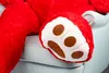 A close-up view of a red teddy bear's paw resting on a light blue sofa. Produktbild-Vorschau