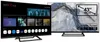 Two televisions are shown side-by-side against a white background. The left television displays a smart TV interface with various app icons. The right television shows a nature-inspired image and has a size indicator and tuner information overlaid. Produktbild-Vorschau