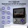A transparent gray handheld gaming console is shown with various emulator icons and text overlays. Produktbild-Vorschau