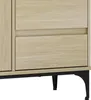 A close-up view of the lower section of a wooden sideboard with black metal legs. Voir les images du produit