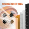 A marketing image showing different filterable media for dry media applications, along with filter components. Náhled obrázku produktu