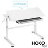 A white adjustable children's desk with a drawer and a tilted top. Produktbild-Vorschau