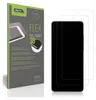 A product package for screen protectors and a smartphone with screen protectors on it. Produktbild-Vorschau