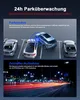 Marketing image showing car parking surveillance and time-lapse recording features of a dashcam. Produktbild-Vorschau