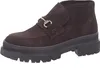 A single brown suede boot with a gold buckle detail and a thick black sole, isolated on a white background. Produktbild-Vorschau
