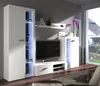 A modern white living room furniture set with a TV, shelves, and cabinets, illuminated by blue LED lights. Produktbild-Vorschau