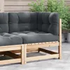 A close-up view of a modular outdoor sofa made of wood and upholstered with dark gray cushions. Anteprima dell’immagine prodotto