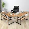 A modern L-shaped desk with a computer, laptop, and chair in a home office setting. Produktbild-Vorschau