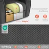 A cutaway view of a sofa cushion and a close-up of the fabric texture, with marketing text and icons. Produktbild-Vorschau