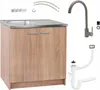 A product shot of a kitchen cabinet with a sink, faucet, and plumbing accessories, all arranged on a white background. Voir les images du produit