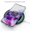 A clear phone case is shown on a wireless charging pad, with the phone screen displaying a charging percentage. Voir les images du produit