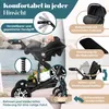 A baby stroller with a baby in it, shown with various features highlighted by text and inset images. Produktbild-Vorschau