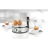 A Unold electric egg cooker is shown with several cooked and raw eggs, along with a measuring cup. Produktbild-Vorschau