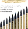 A row of metallic marker pens of varying sizes and colors, with a text overlay describing their features. Produktbild-Vorschau