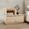 A wooden nightstand next to a bed. Produktbild-Vorschau