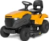 A yellow and gray riding lawn mower is shown from a front-side angle against a white background. Produktbild-Vorschau