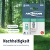 A product package for rechargeable batteries is shown against a backdrop of a forest and grass. Produktbild-Vorschau
