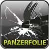 A hammer smashing a screen with the text "PANZERFOLIE" below. Produktbild-Vorschau