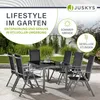 A garden furniture set with a table and chairs on a patio, surrounded by greenery. Produktbild-Vorschau