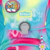 Close-up of a colorful backpack with various patches and a flower charm. Produktbild-Vorschau