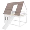 A white wooden loft bed with a brown roof and a slide, designed to look like a house. Podgląd zdjęcia produktu